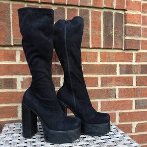 Vintage Chunky Platform Boots Sz 8 Black Suede EDM Festival Goth Witchy Stretch